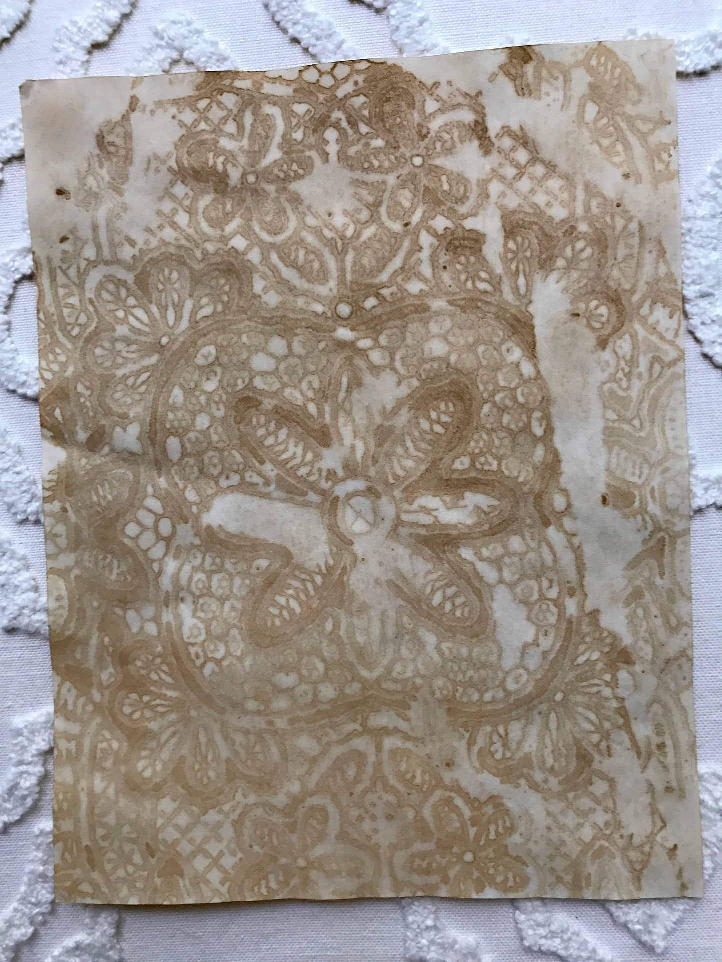 Grunge Lace Coffee Dyed Tea Dyed Paper with Lace Imprint, Coffee Stained, For use in Junk Journals, Mixed Media, Collage, Embellishments